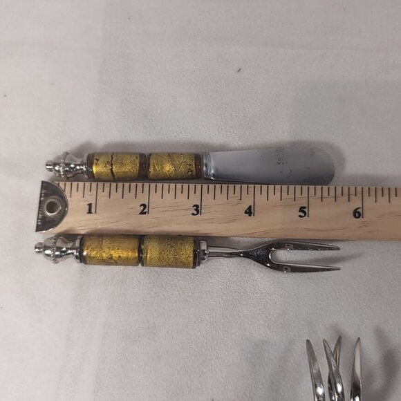 TAG 8 Set Glass Bead 4 Butter Knife 4 Pickle Fork Green Gold Silver Metal Spread - Picture 11 of 13